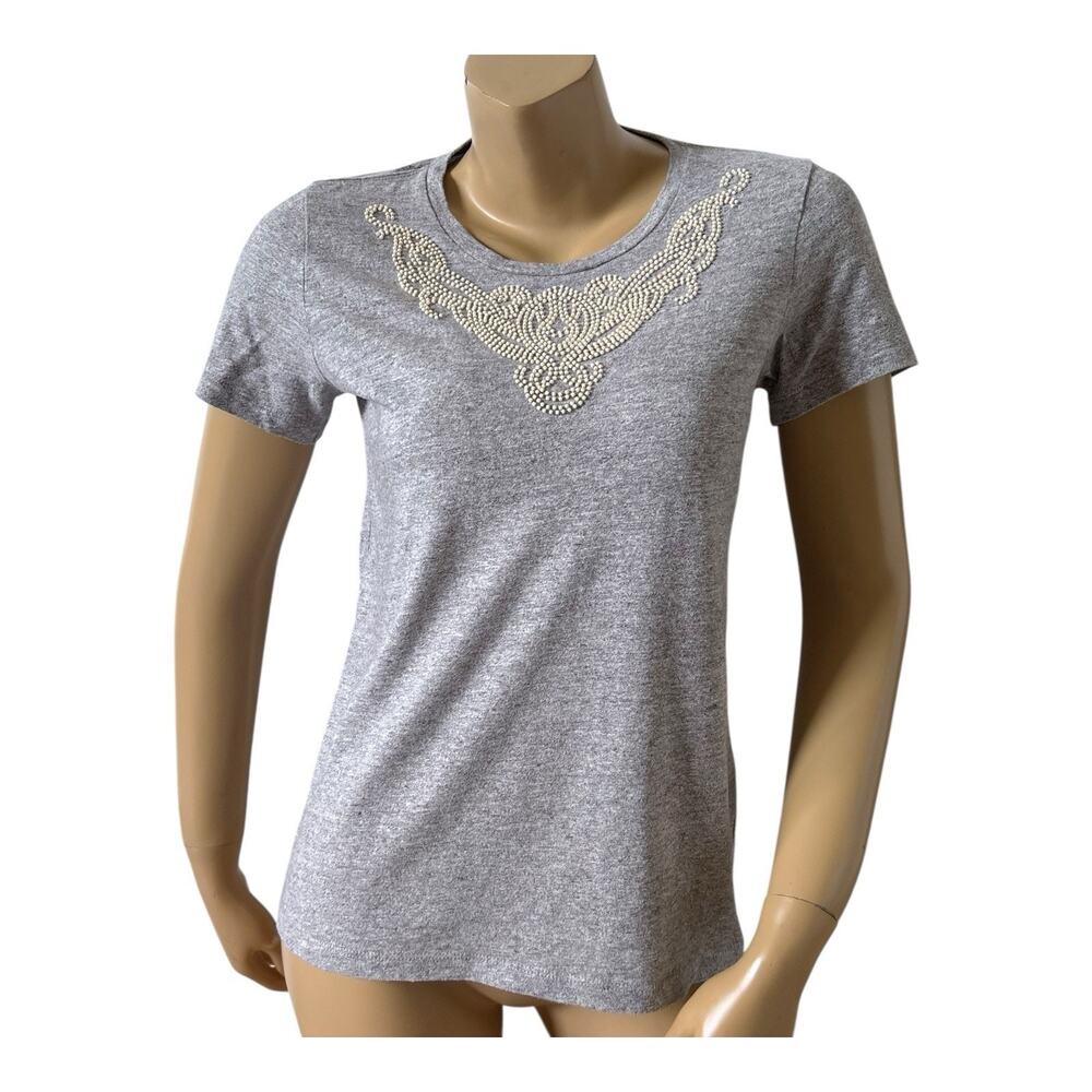 J Crew Gray Tee Womens Small Short Sleeve Beaded Crew Neck Casual T Shirt Top